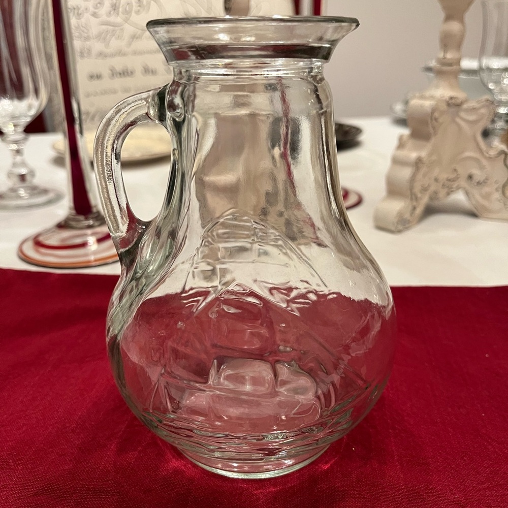 Vintage Clear Glass Small Pitcher with
Boat Design / Nautical, 7” (H)